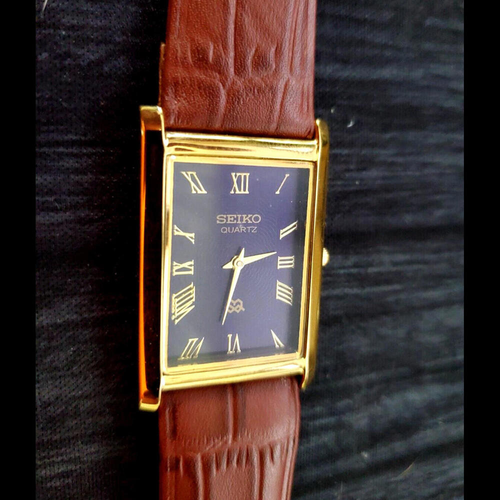 NOS Men's Slim Seiko Gold Tank Rectangular Blue Dial New Mvt & Batt 🌟 - Picture 4 of 7